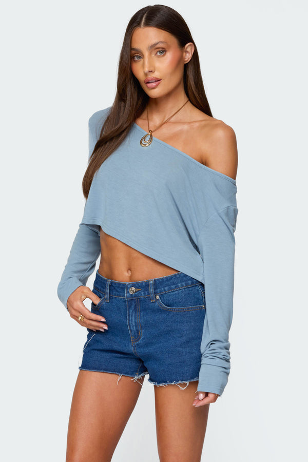 Edikted Cropped Off Shoulder Top Blue