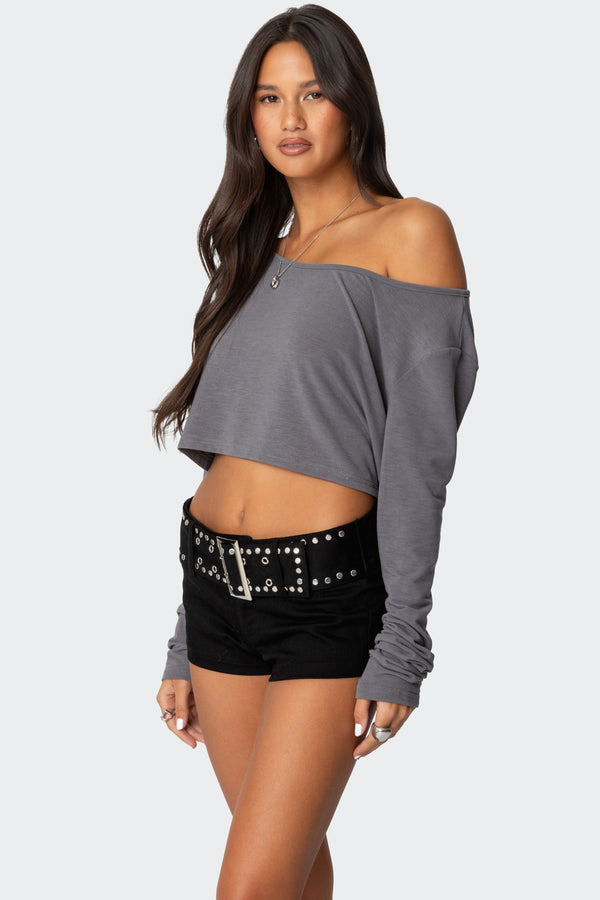 Edikted Cropped Off Shoulder Top Gray
