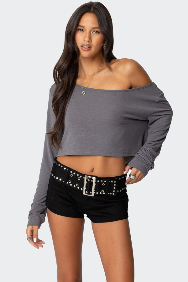 edikted Cropped Off Shoulder Top gray