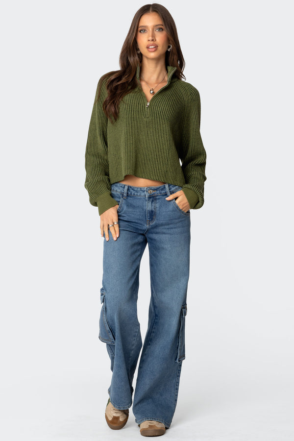 Edikted Cropped Rib Knit Half Zip Sweater Olive