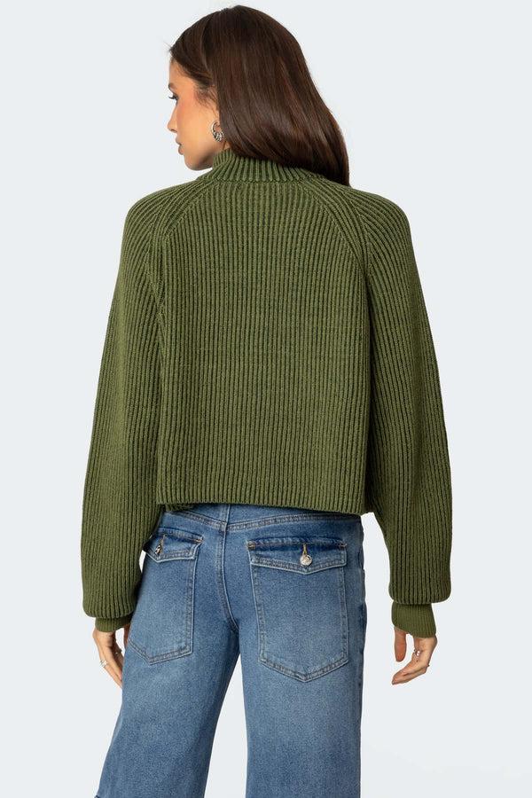 Edikted Cropped Rib Knit Half Zip Sweater Olive