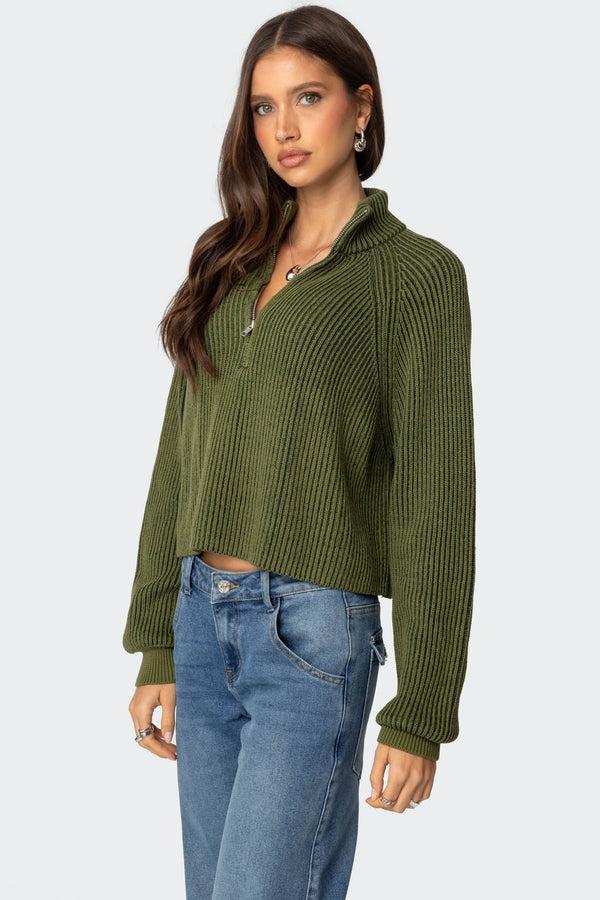 Edikted Cropped Rib Knit Half Zip Sweater Olive