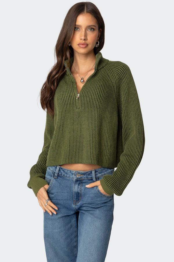 edikted Cropped Rib Knit Half Zip Sweater olive