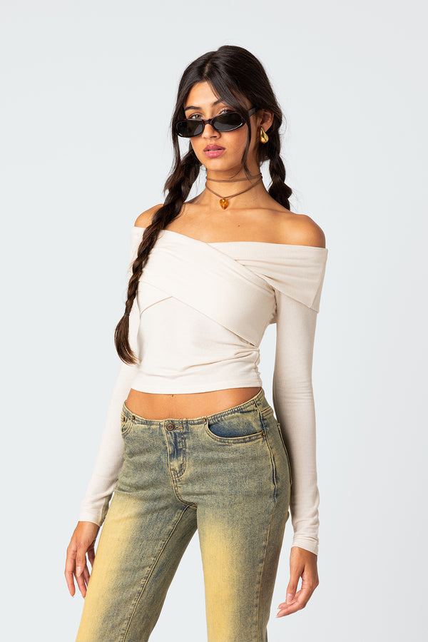 Edikted Crossover Off Shoulder Top Cream