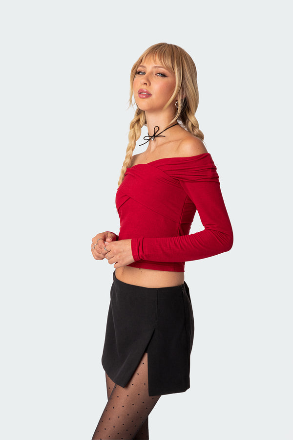 Edikted Crossover Off Shoulder Top Red