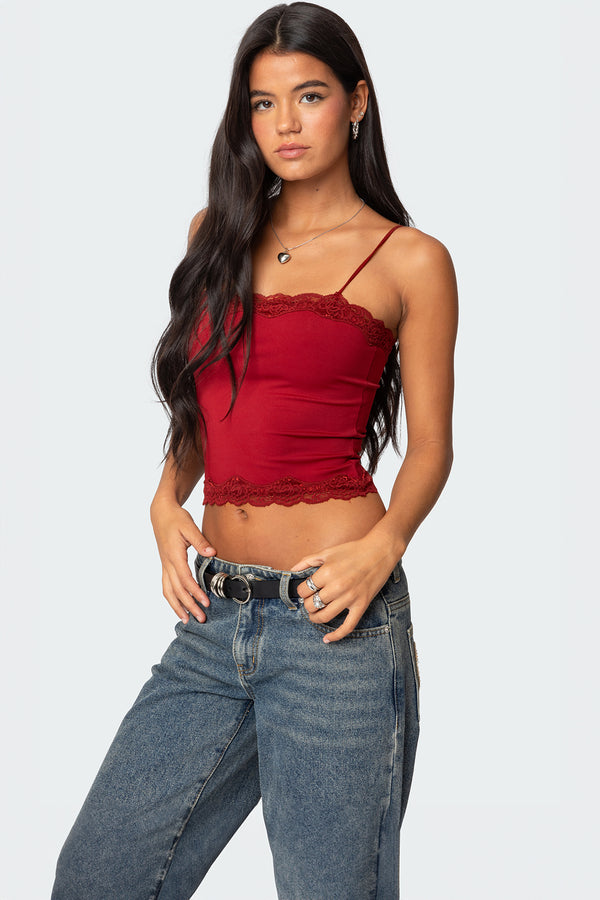 Edikted Cruella Lace Trim Tank Top Burgundy
