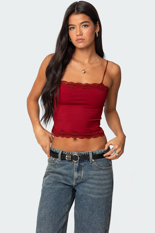 edikted Cruella Lace Trim Tank Top burgundy