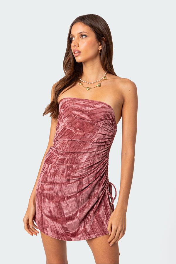 Edikted Crushed Velvet Drawstring Mini Dress Pink