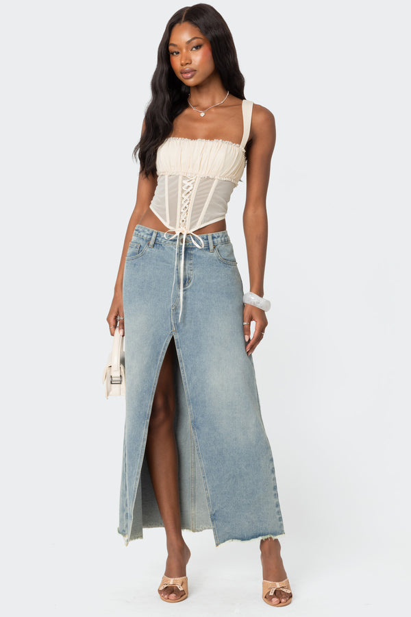 Edikted Dafne Gathered Sheer Mesh Corset Beige