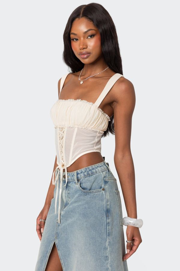 Edikted Dafne Gathered Sheer Mesh Corset Beige