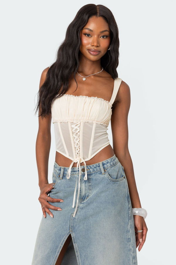 edikted Dafne Gathered Sheer Mesh Corset beige
