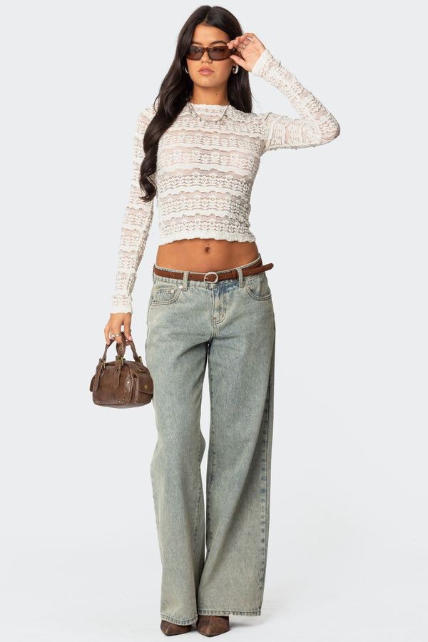 Edikted Daisey Textured Sheer Lace Top Cream