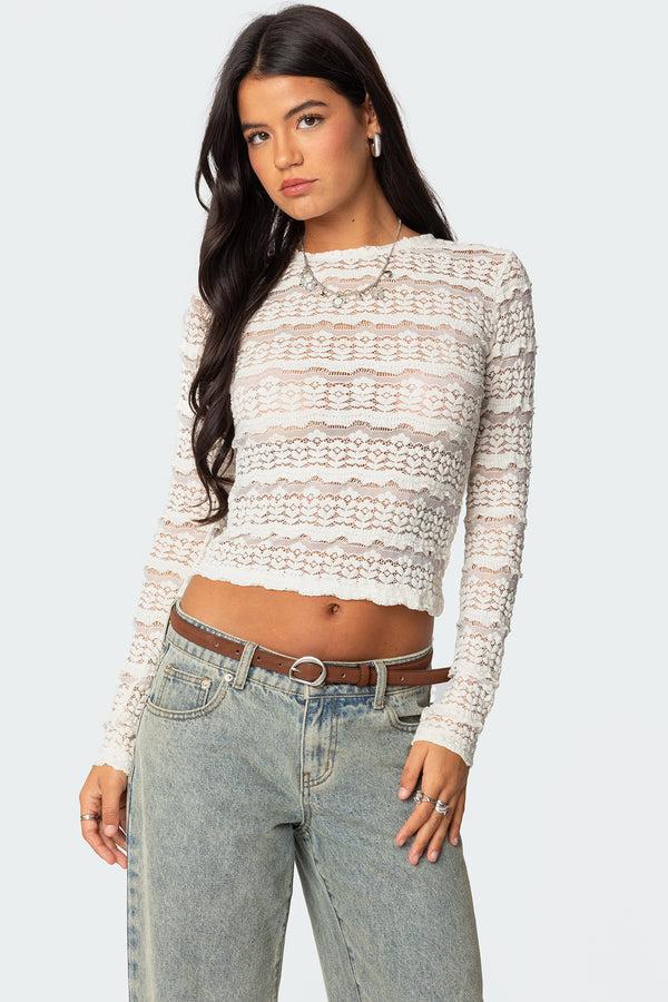 edikted Daisey Textured Sheer Lace Top cream