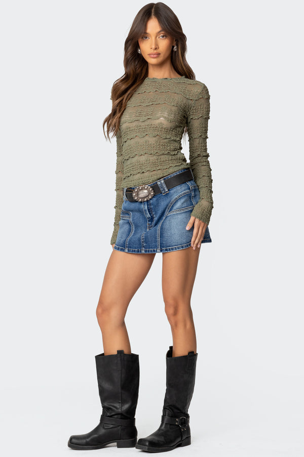 Edikted Daisey Textured Sheer Lace Top Olive