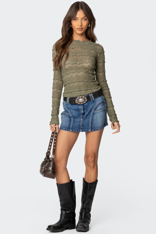 Edikted Daisey Textured Sheer Lace Top Olive