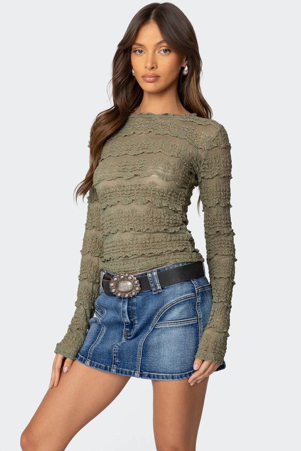 Edikted Daisey Textured Sheer Lace Top Olive