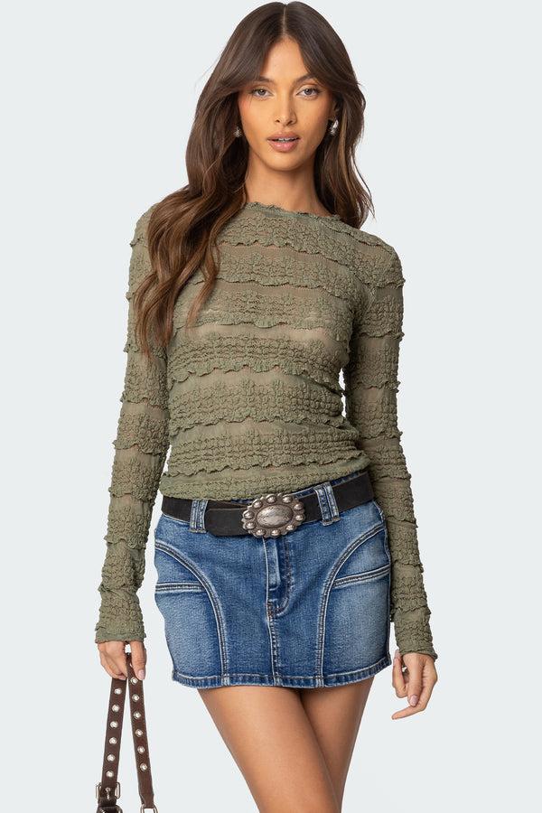edikted Daisey Textured Sheer Lace Top olive