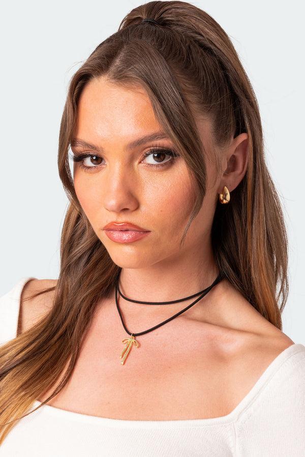 edikted Dangly Bow Cord Necklace gold