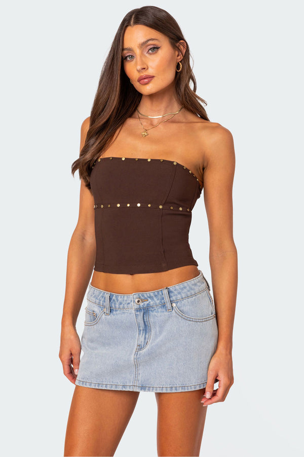 edikted Darcy Studded Lace Up Corset brown
