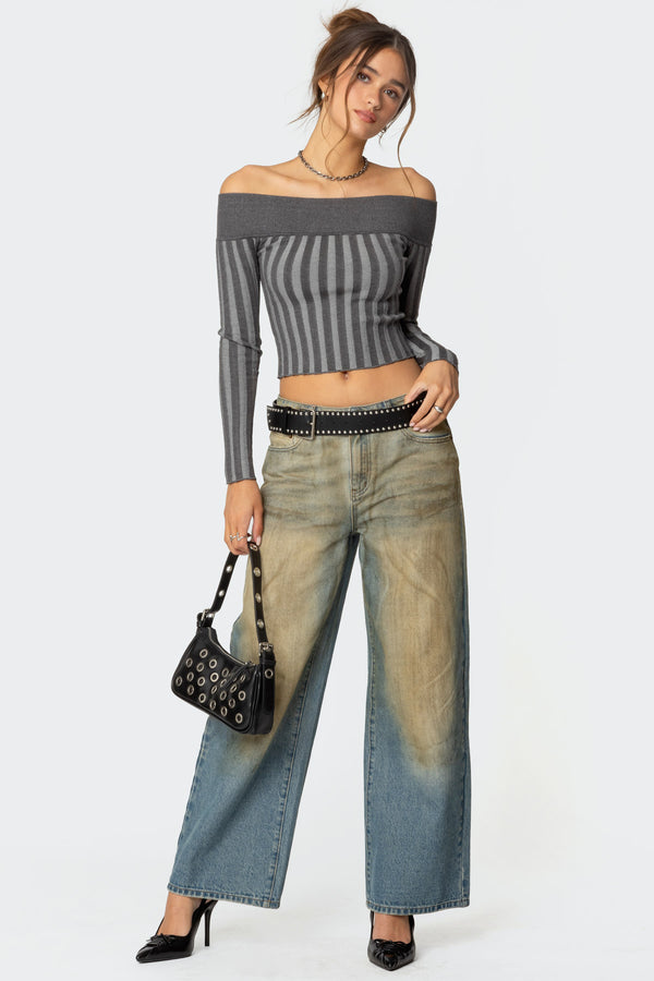 Edikted Daren Off Shoulder Knit Top Dark Gray