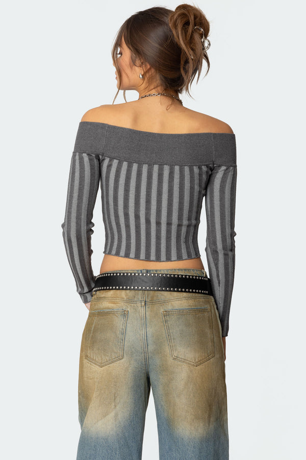 Edikted Daren Off Shoulder Knit Top Dark Gray