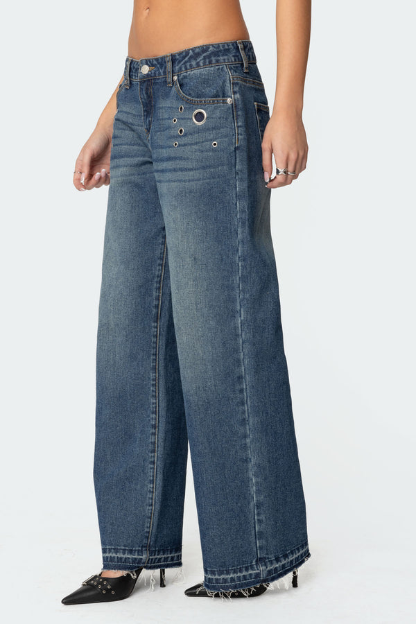 Edikted Davis Grommet Low Rise Jeans Blue Washed