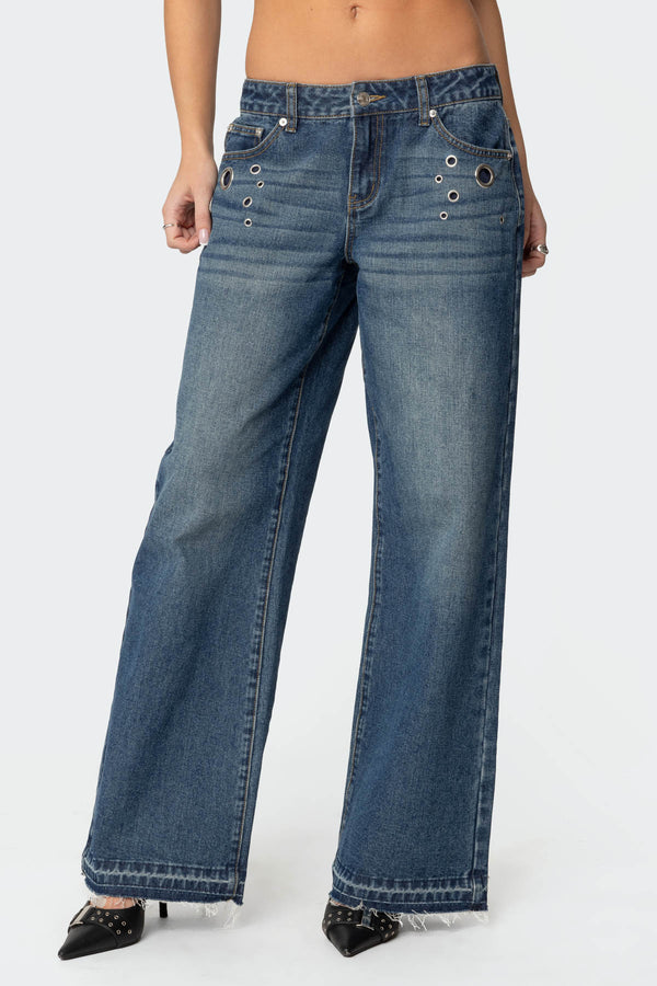 Edikted Davis Grommet Low Rise Jeans Blue Washed