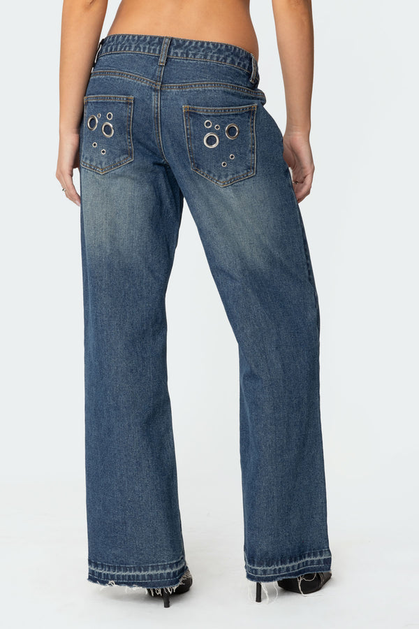 Edikted Davis Grommet Low Rise Jeans Blue Washed