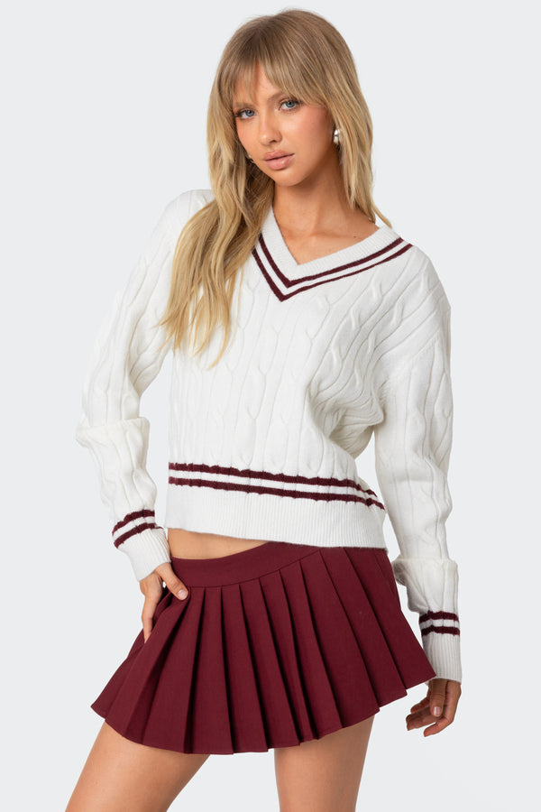 Edikted Dean V Neck Cable Knit Sweater Cream