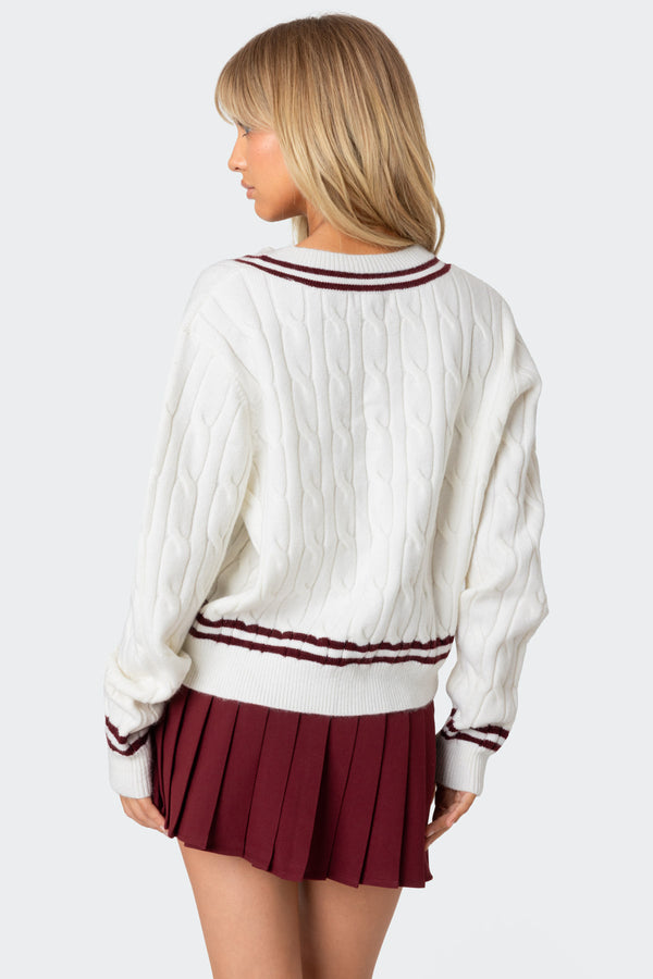 Edikted Dean V Neck Cable Knit Sweater Cream