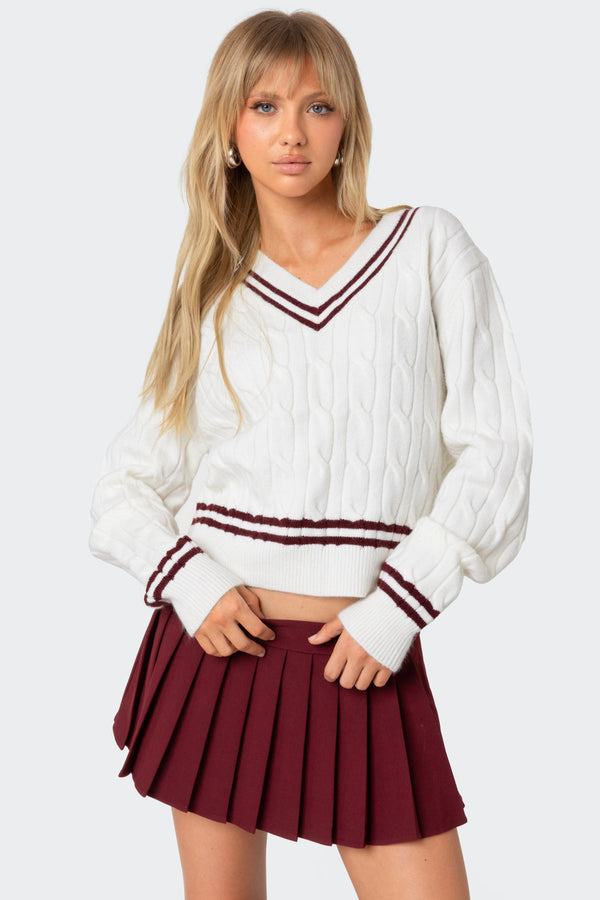 edikted Dean V Neck Cable Knit Sweater cream