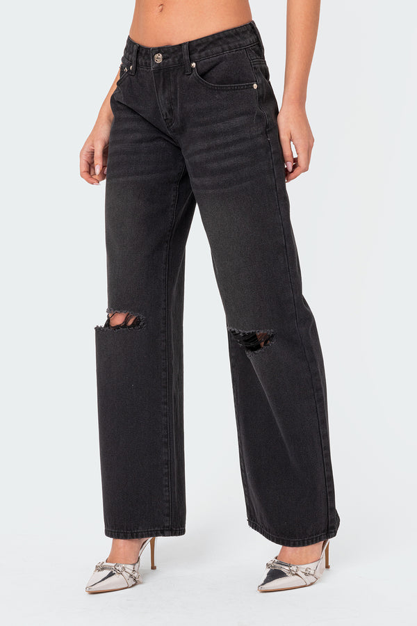 Edikted Debbie Distressed Low Rise Jeans Black