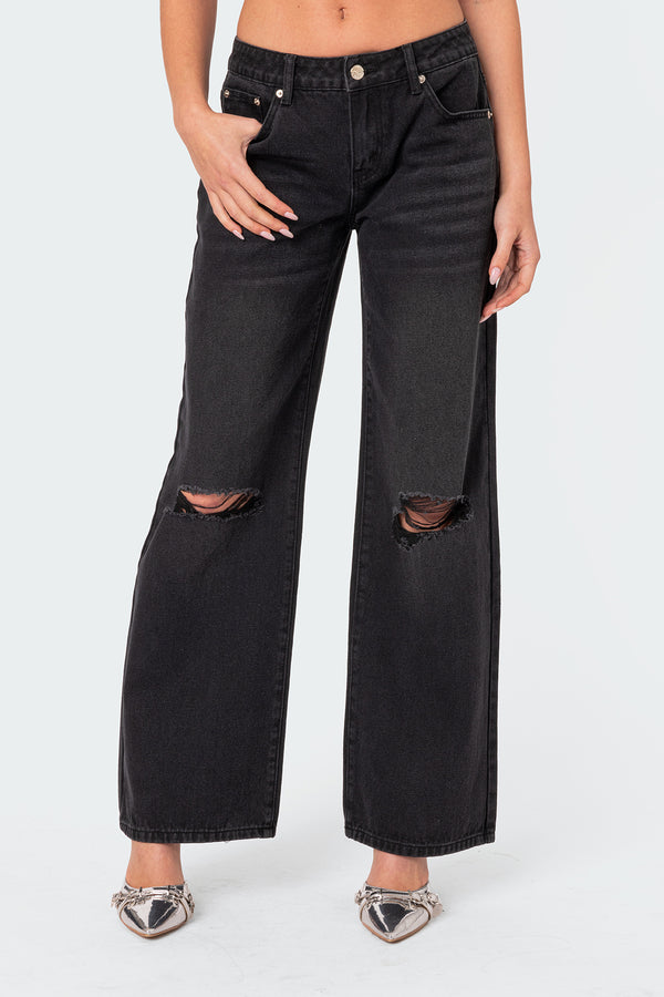 Edikted Debbie Distressed Low Rise Jeans Black