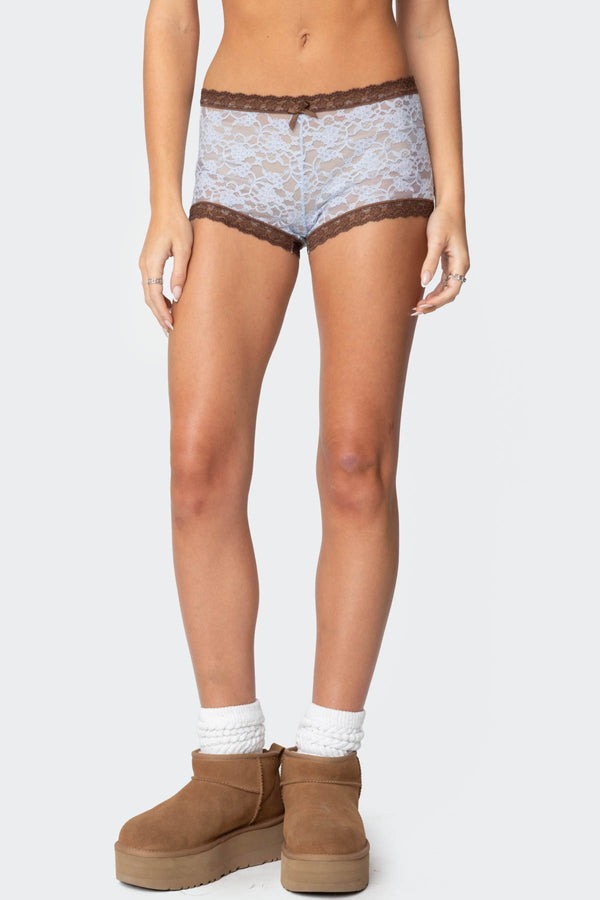 Edikted Dee Sheer Lace Micro Shorts Light Blue