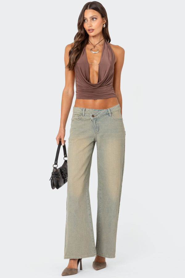 Edikted Deep Cowl Neck Open Back Top Brown