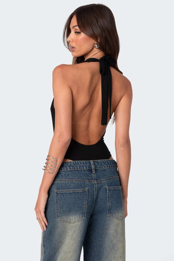 Edikted Deep V Backless Bodysuit Black