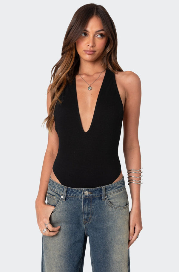 Edikted Deep V Backless Bodysuit Black