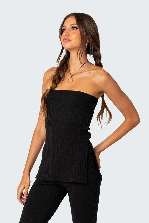 Edikted Dekota Slit Ribbed Top Black