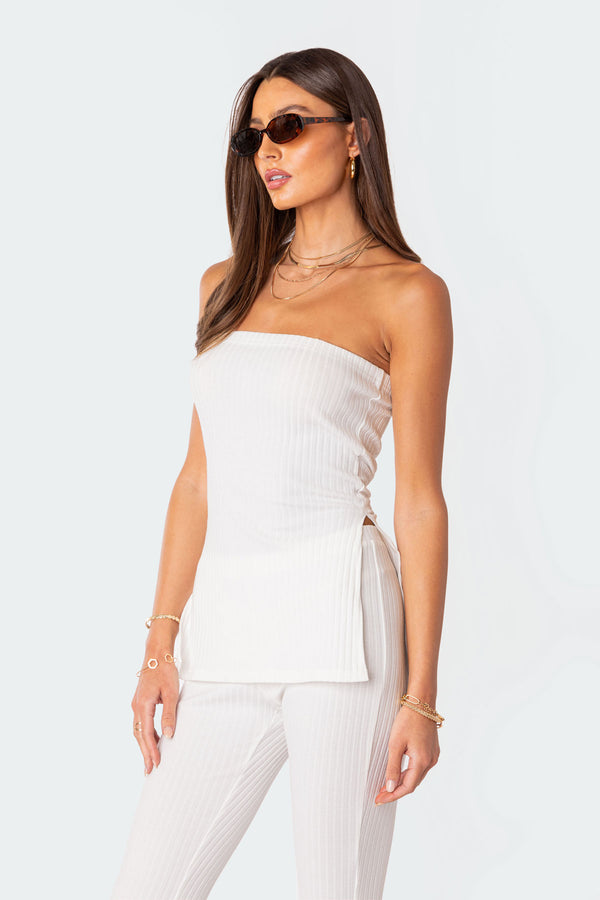 Edikted Dekota Slit Ribbed Top White