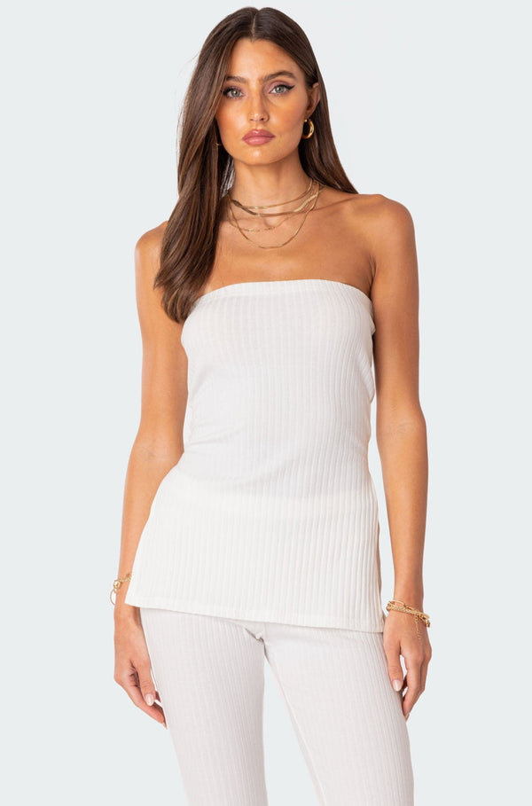 edikted Dekota Slit Ribbed Top white