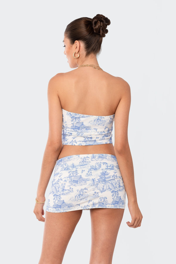 Edikted Delft Print Strapless Top Blue