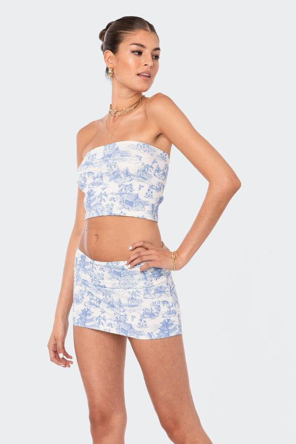 Edikted Delft Print Strapless Top Blue