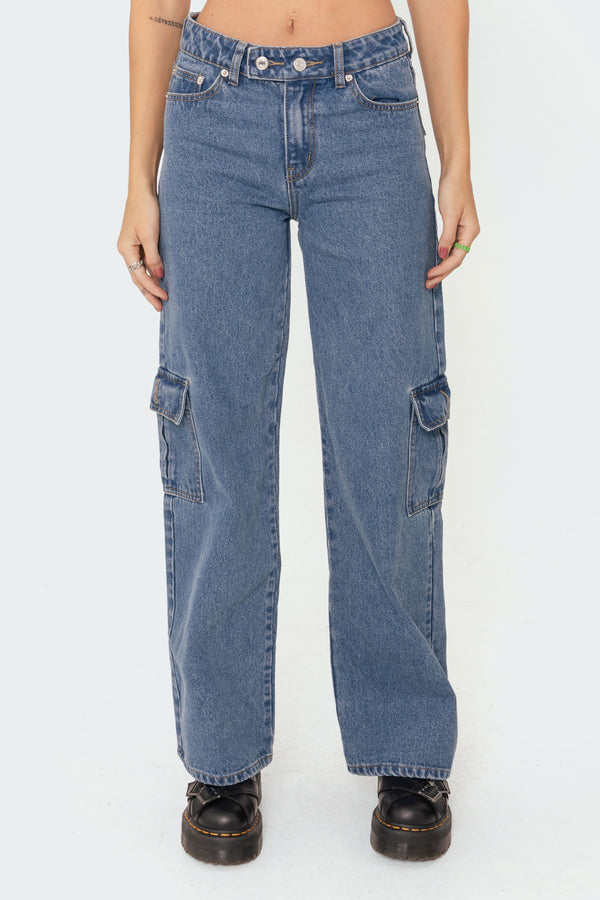 Edikted Deliah Low-Rise Cargo Jeans Blue