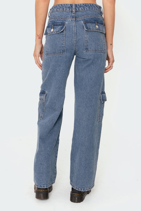 Edikted Deliah Low-Rise Cargo Jeans Blue