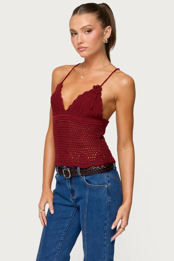 Edikted Delila Crochet V Neck Top Burgundy
