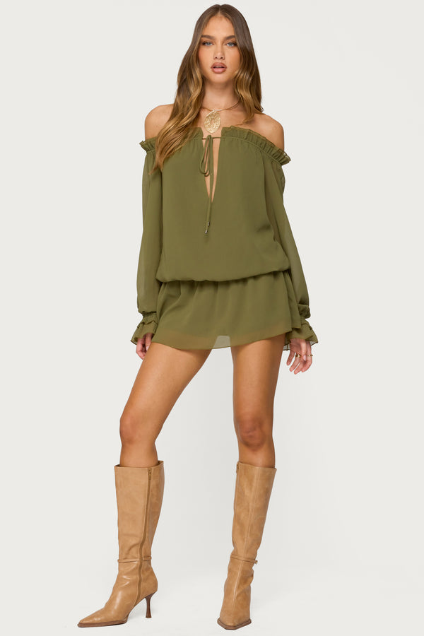 Edikted Delphine Off Shoulder Chiffon Romper Olive