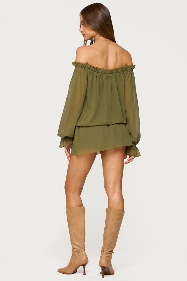 Edikted Delphine Off Shoulder Chiffon Romper Olive