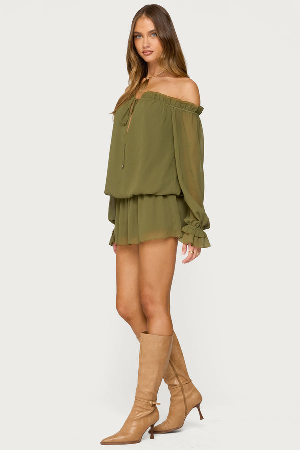 Edikted Delphine Off Shoulder Chiffon Romper Olive