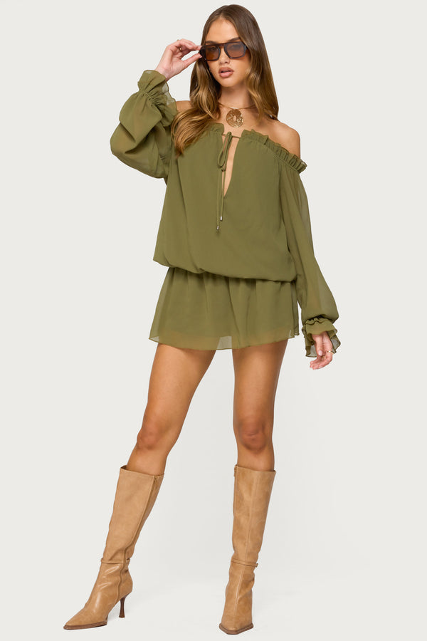 edikted Delphine Off Shoulder Chiffon Romper olive