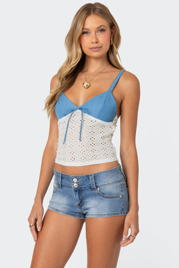 Edikted Denim & Eyelet Tank Top Blue And White